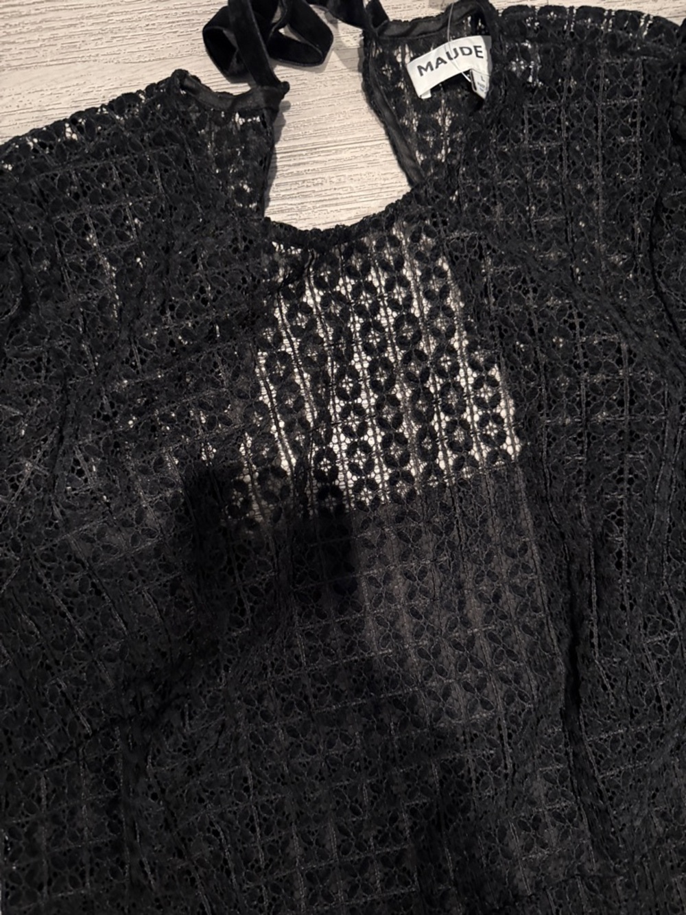 Black Long-Sleeve Crochet Midi Dress with Tie Necky - Picture 7 of 12